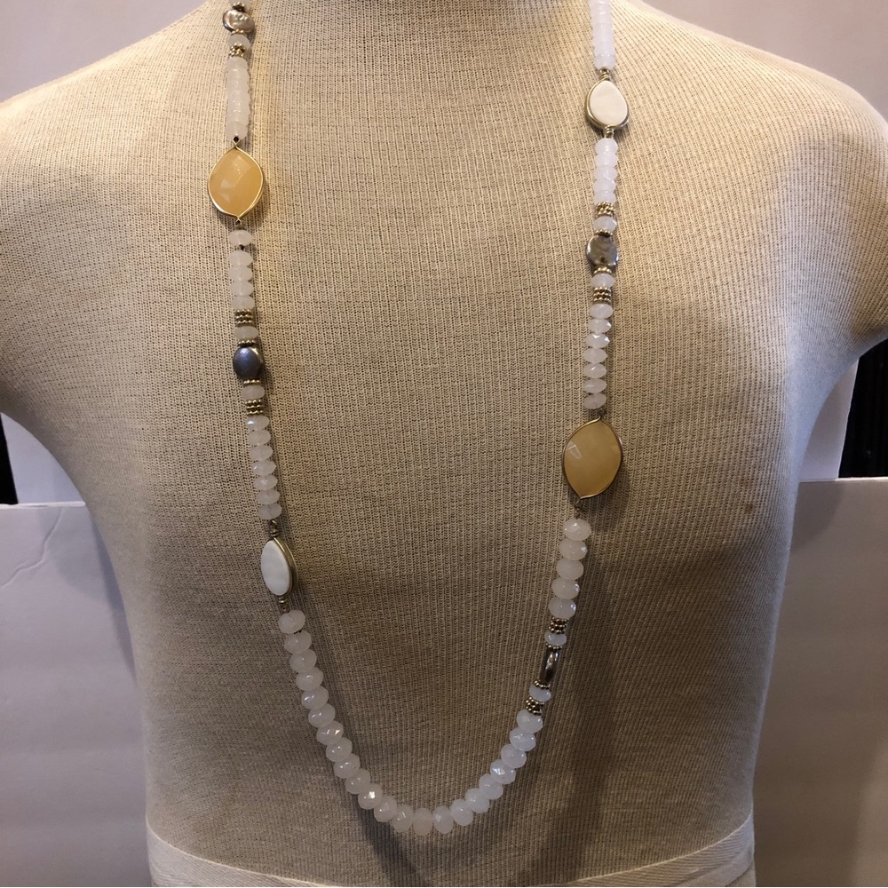 NWT Chico’s “Celeste” Necklace Silver tone long with white faceted beads